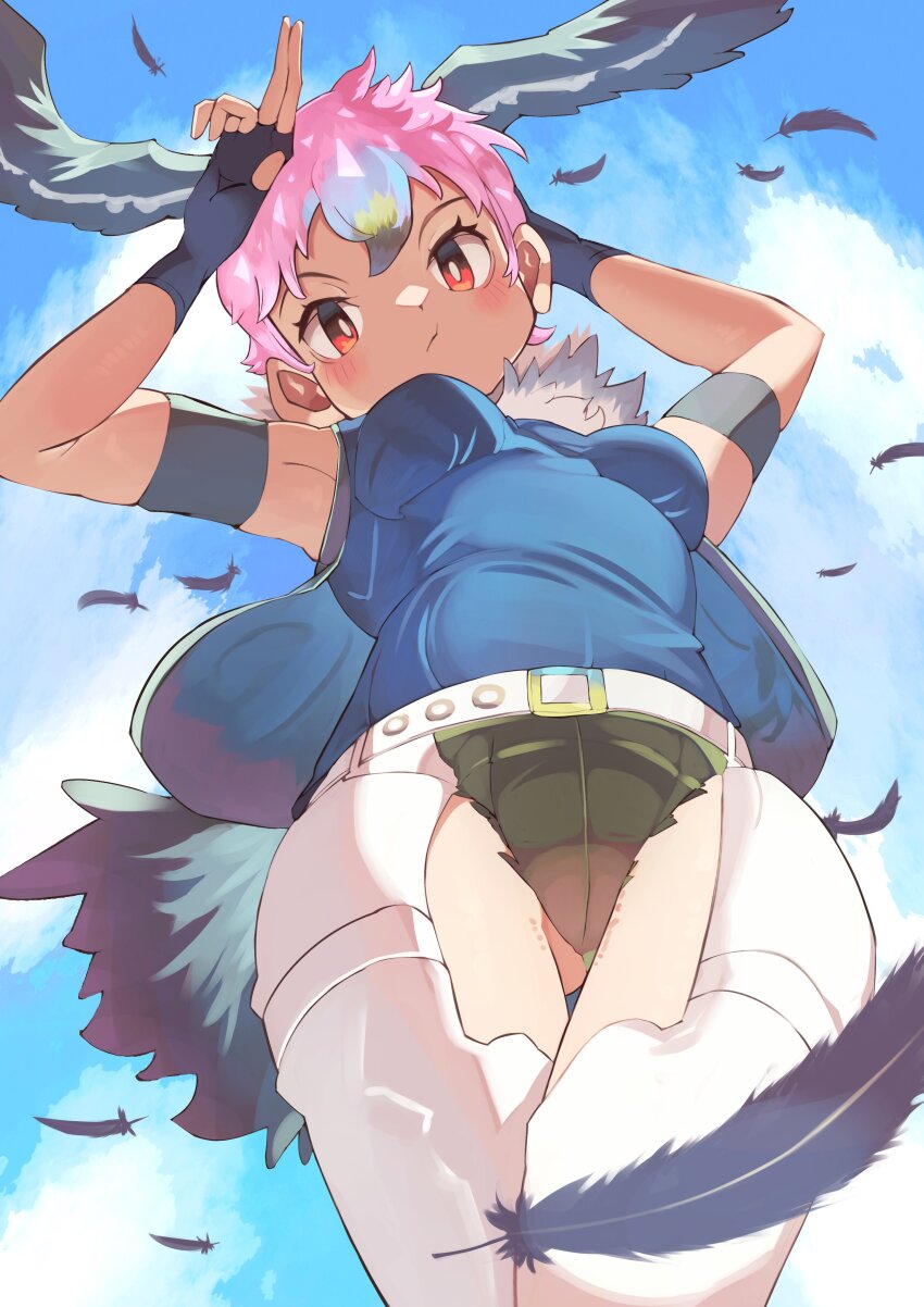 1girl, absurdres, belt, bird_girl, bird_tail, bird_wings, blue_sky, feathered_wings, feathers, fingerless_gloves, gloves, head_wings, highres, jacket, kemono_friends, lappet-faced_vulture_(kemono_friends), looking_at_viewer, osnmykk, pants, pink_hair, red_eyes, shirt, short_hair, shorts, sky, sleeveless, sleeveless_shirt, solo, tail, wings