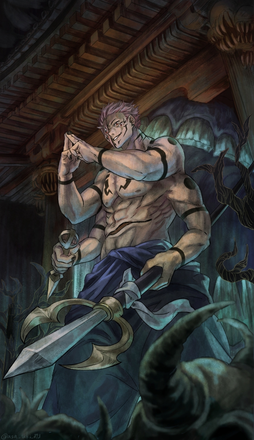 absurdres, asa_tuki_893, bone, dagger, domain_expansion, extra_arms, extra_eyes, highres