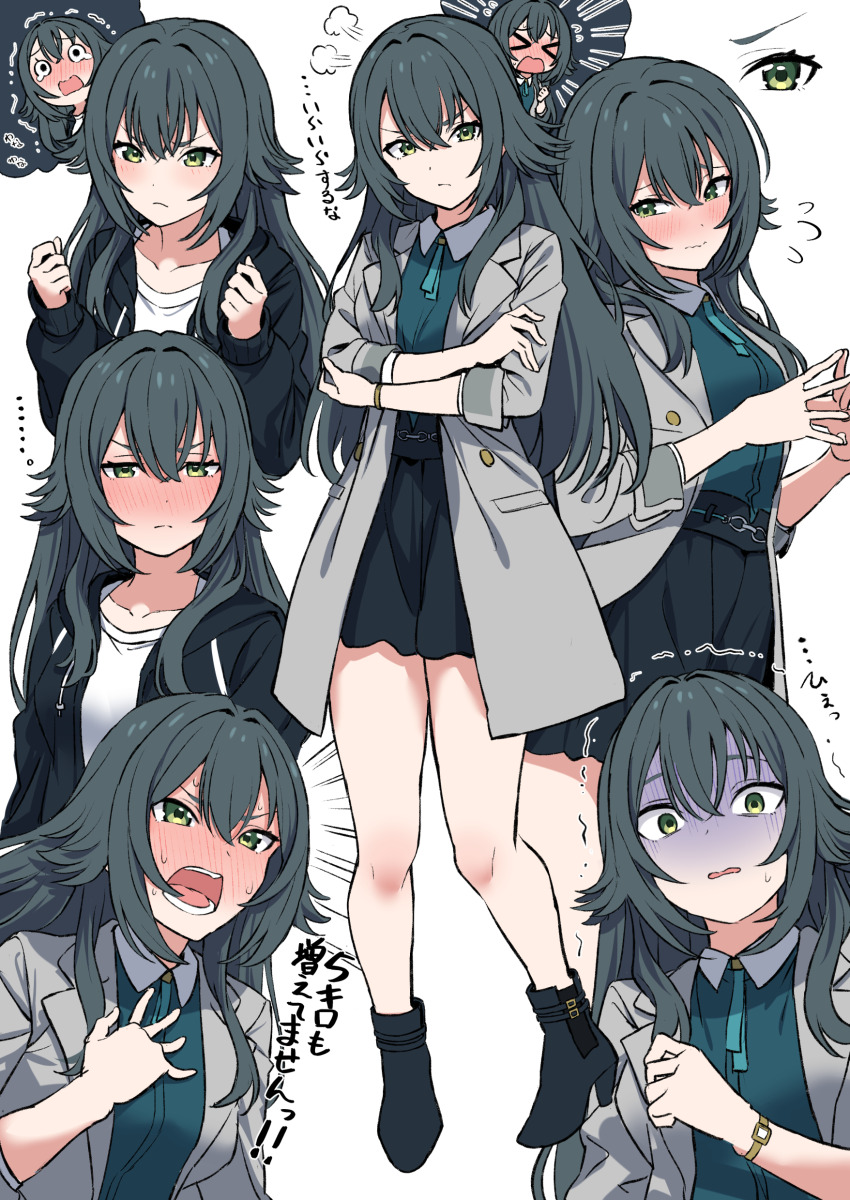 >_<, 1girl, absurdres, averting_eyes, black_jacket, black_skirt, blush, coat