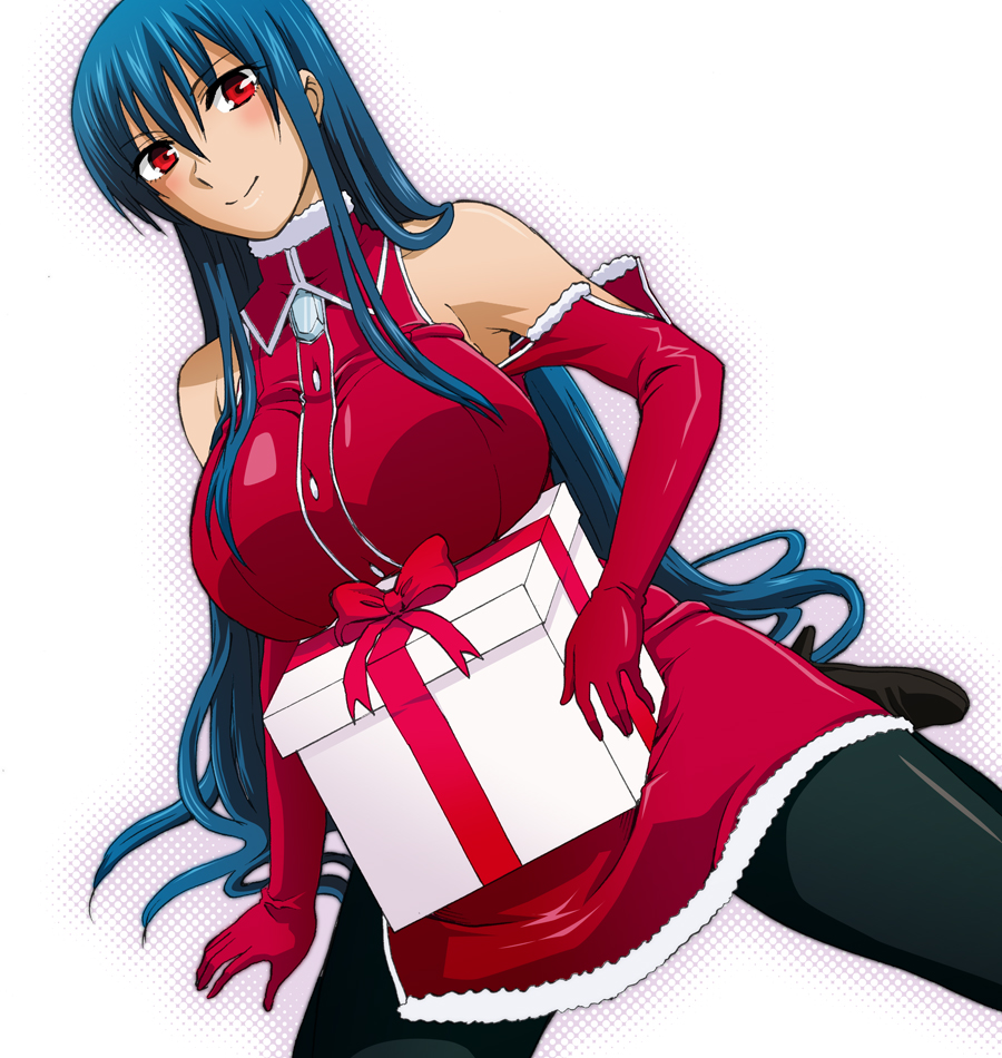 1girl, bare_shoulders, black_pantyhose, blue_hair, boots, breast_rest, breasts, christmas, diamond_cut_diamond, elbow_gloves, female_focus, gift, gloves, holding, holding_gift, large_breasts, long_hair, official_art, original, pantyhose, red_eyes, red_gloves, santa_costume, shigyou_yuuyami, smile, solo, taguchi_kenji_(omaep)