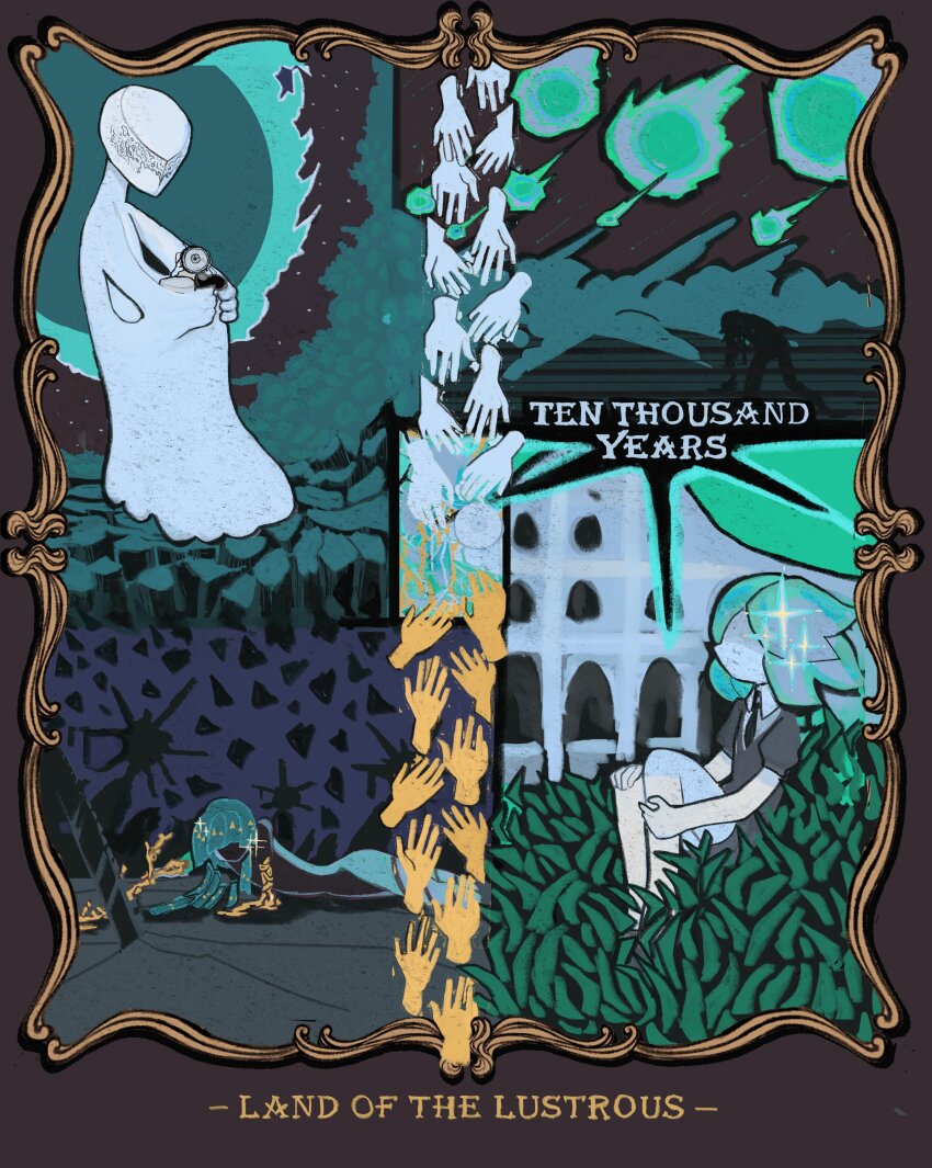 0fay_7, 1other, absurdres, aqua_hair, black_jacket, black_necktie, commentary, copyright_name, english_commentary, english_text, gem_uniform_(houseki_no_kuni), grass, highres, houseki_no_kuni, jacket, kongou_sensei's_brother, multiple_views, necktie, other_focus, phosphophyllite, phosphophyllite_(10000), phosphophyllite_(ll), puffy_sleeves, shirt, short_hair, sparkle, white_shirt