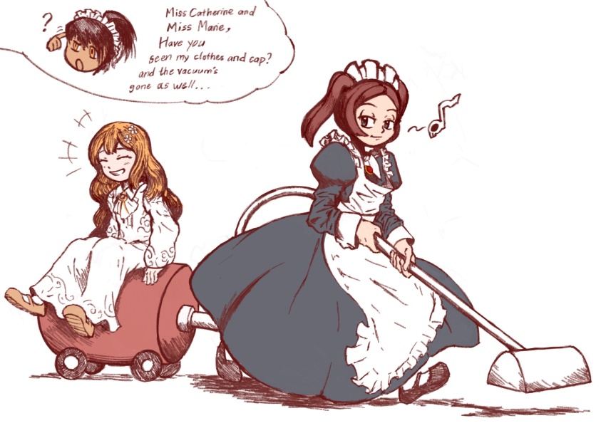 3girls, :o, algro778, apron, black_dress, black_footwear, bloody_marie_(skullgirls), brown_eyes