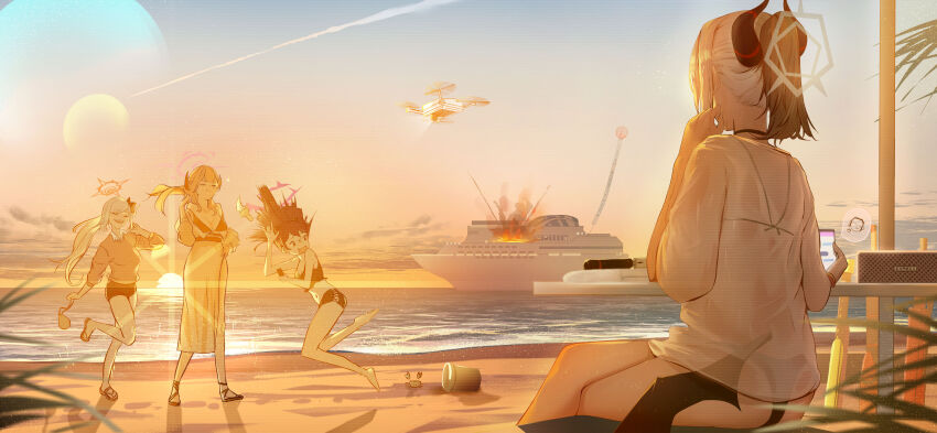 4girls, absurdres, alternate_costume, aru_(blue_archive), beach, beach_umbrella, bikini, black_bikini