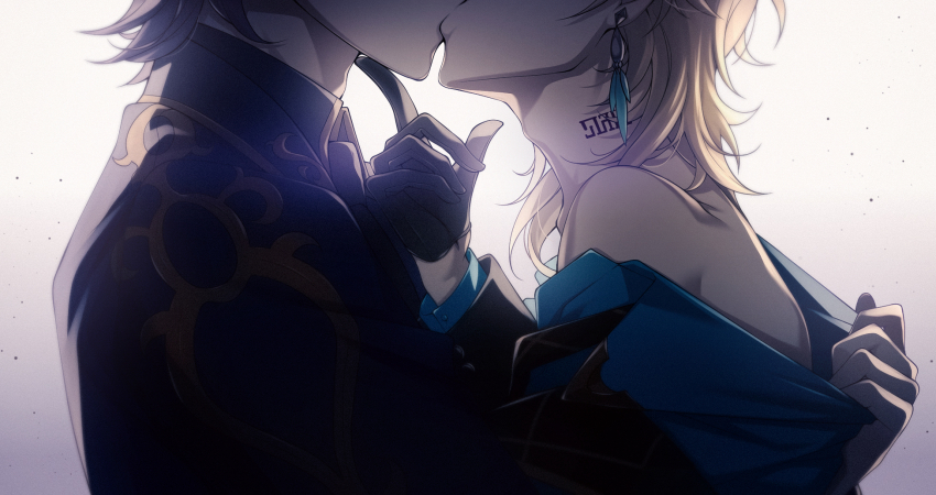 2boys, aventurine_(final_victor)_(honkai:_star_rail), aventurine_(honkai:_star_rail), bare_shoulders, black_gloves, blonde_hair, collared_shirt, dr._ratio_(final_victor)_(honkai:_star_rail), dr._ratio_(honkai:_star_rail), earrings, formal_clothes, from_side, gloves, hand_on_another's_chin, highres, honkai:_star_rail, honkai_(series), jewelry, kiss, long_sleeves, male_focus, mayokichi, multiple_boys, neck_tattoo, necktie, off_shoulder, shirt, short_hair, simple_background, suit, tattoo, undressing_another, yaoi