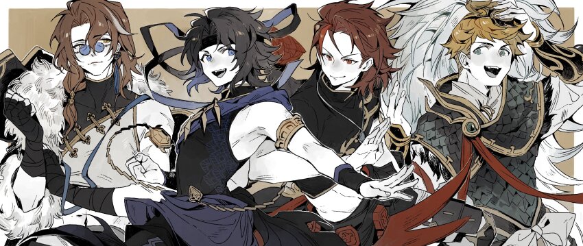 4boys, aqualord's_stoutshell_(granblue_fantasy), armor, bare_shoulders, black_hair, black_shirt, blonde_hair, blue-tinted_eyewear