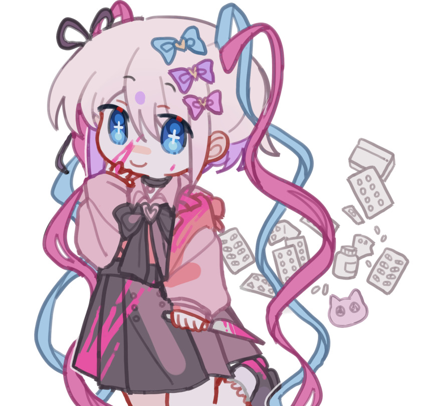 +_+, 1girl, alternate_costume, black_ribbon, black_skirt, blister_pack, blood, blood_on_clothes