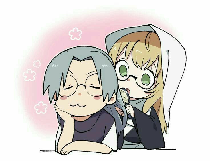 :3, :o, alternate_hairstyle, blonde_hair, blush_stickers, brushing_another's_hair, brushing_hair, closed_eyes