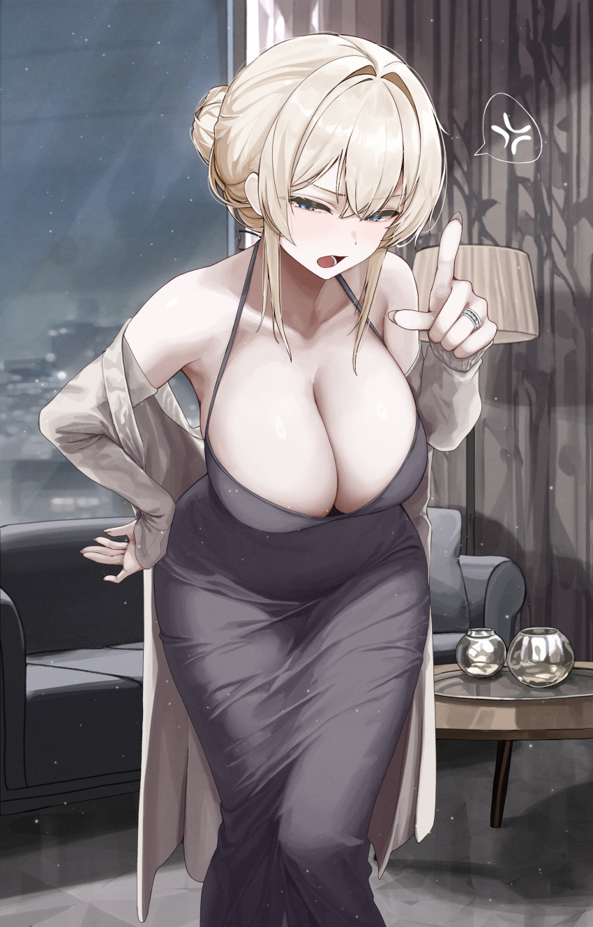 1girl, absurdres, anger_vein, angry, bare_shoulders, black_dress, blonde_hair, blue_eyes, breasts, cleavage, collarbone, commentary_request, couch, dongtan_dress, dress, fingernails, gwan-e, hair_between_eyes, hair_bun, hand_on_own_hip, highres, indoors, jacket, jewelry, large_breasts, leaning_forward, long_fingernails, looking_at_viewer, off_shoulder, open_mouth, original, pointing, pointing_at_viewer, ring, round_table, sidelocks, single_hair_bun, sleeveless, sleeveless_dress, solo, spoken_anger_vein, standing, table, v-shaped_eyebrows, white_jacket