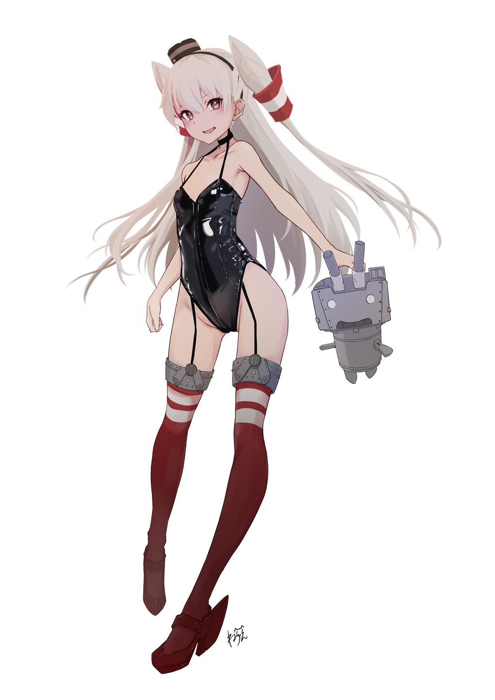 1girl, amatsukaze_(kancolle), black_one-piece_swimsuit, breasts, brown_eyes, choker, full_body, garter_straps