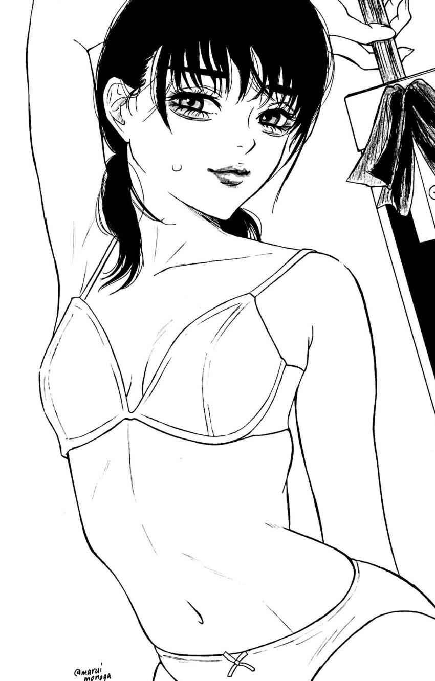 1girl, artist_name, black_hair, chainsaw_man, greyscale, highres, holding, holding_sword