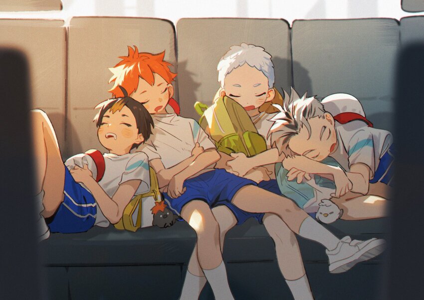 4boys, animification, annsmow, backpack, bag, bird, black_hair, blue_shorts