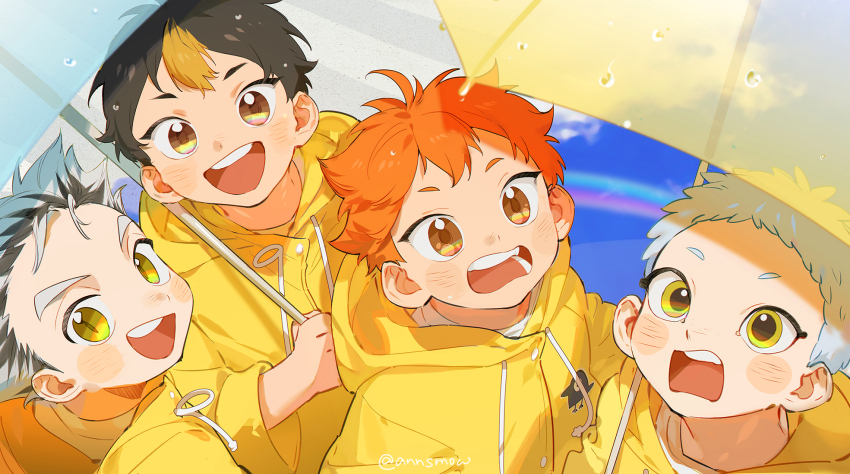 4boys, annsmow, black_hair, blue_umbrella, blush, bokuto_koutarou, brown_eyes, buttons