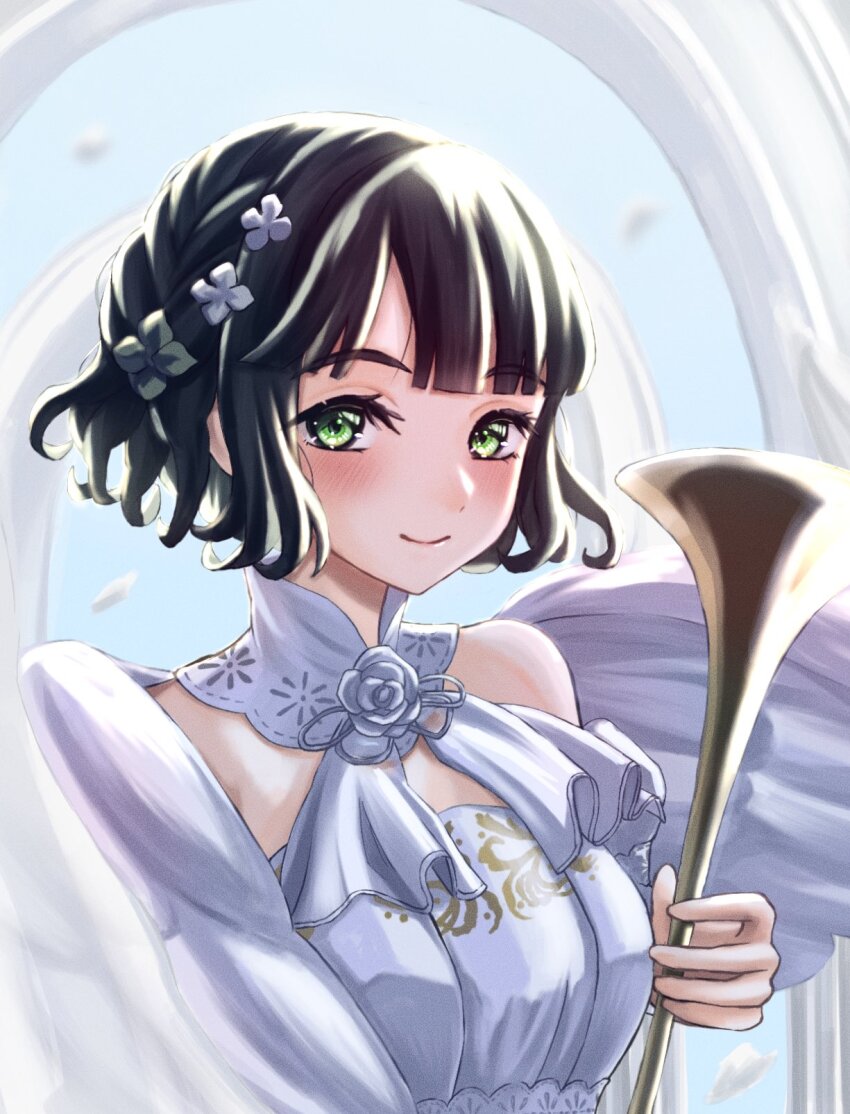 1girl, angel_wings, black_hair, blue_sky, blunt_bangs, bob_cut, breasts, closed_mouth