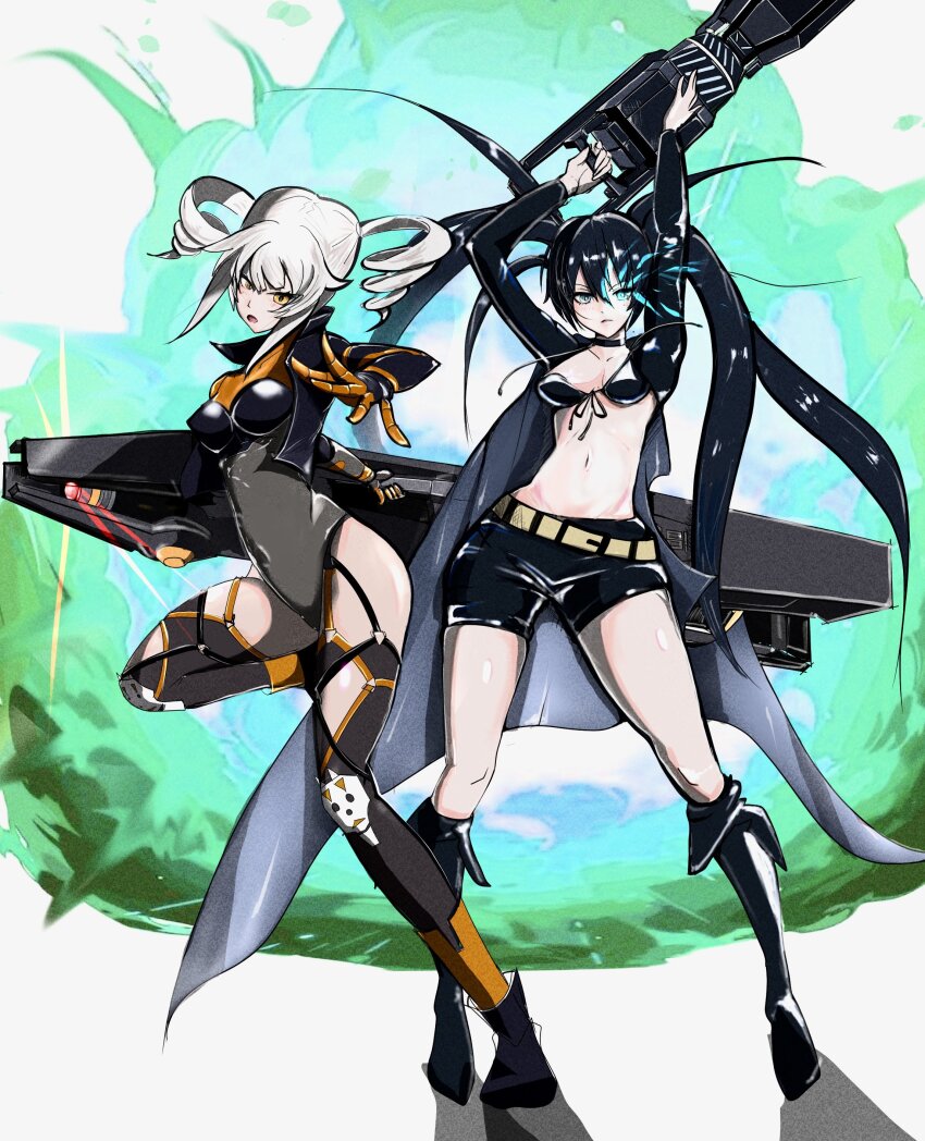 2girls, absurdres, black_bodysuit, black_hair, black_jacket, black_rock_shooter, black_rock_shooter_(character), black_shorts
