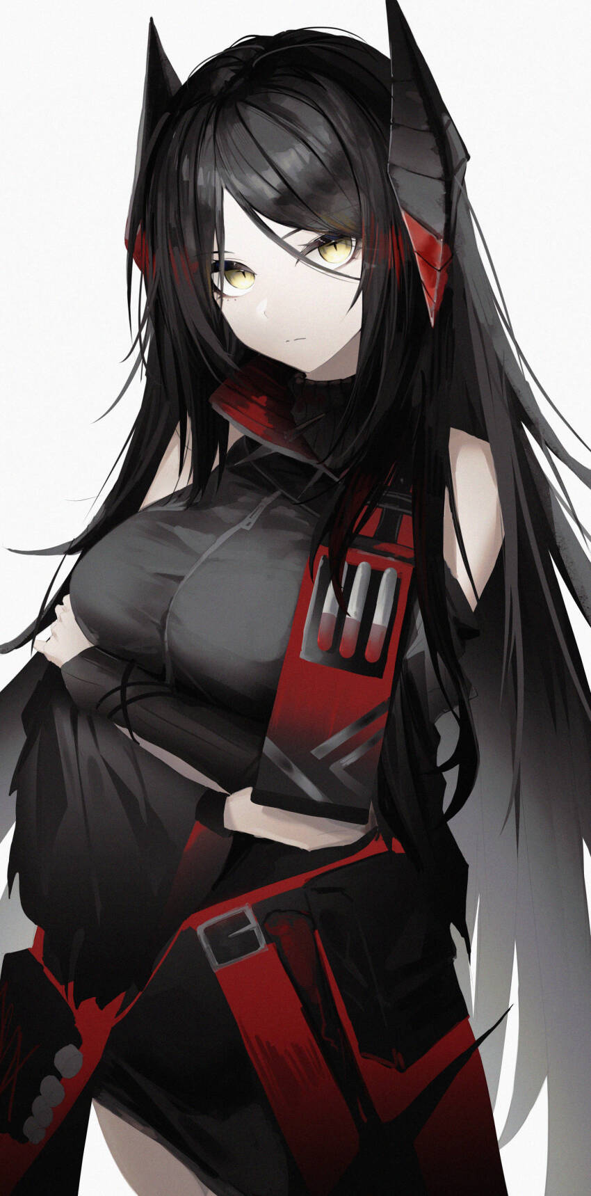 1girl, absurdres, arknights, bare_shoulders, black_hair, black_sweater, breasts, commentary