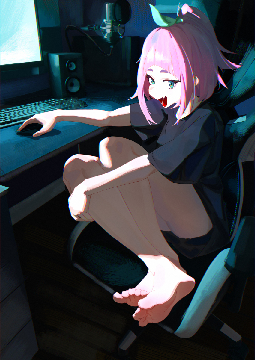 1girl, :d, absurdres, aqua_eyes, ass, at_computer, barefoot, chair, computer_keyboard, computer_mouse, desk, fang, highres, looking_at_viewer, microphone, monitor, open_mouth, pink_hair, ponytail, sexmiss, sitting, skin_fang, smile, solo, speaker, watase_kiui, yoru_no_kurage_wa_oyogenai
