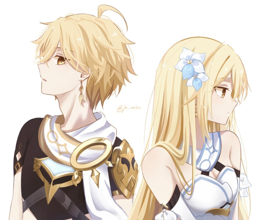 1boy, 1girl, aether_(genshin_impact), ahoge, alternate_hair_length, alternate_hairstyle, armor, artist_name