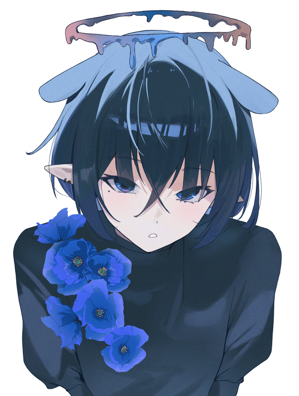 1girl, blue_dress, blue_eyes, blue_flower, blue_hair, blue_halo, blue_theme, dress, flower, flower_on_chest, flower_ornament, hair_between_eyes, halo, high_collar, highres, hololive, hololive_english, ku_roiko, liquid_halo, looking_at_viewer, meconopsis_(ninomae_ina'nis), melting_halo, mole, mole_under_eye, ninomae_ina'nis, official_alternate_costume, official_alternate_hairstyle, pointy_ears, puffy_sleeves, short_hair, solo, upper_body, virtual_youtuber, white_background