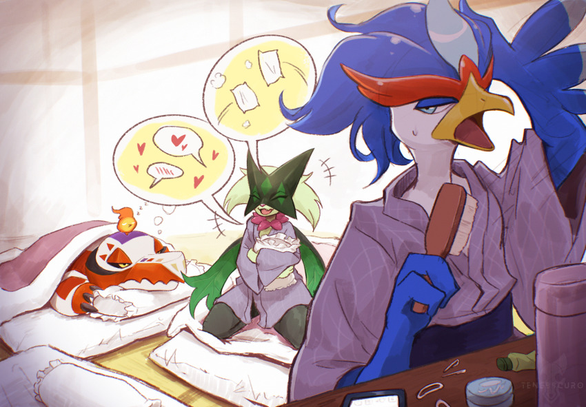 beak, black_sclera, blue_eyes, blue_hair, closed_eyes, closed_mouth, colored_sclera, fire_bird_(skeledirge)