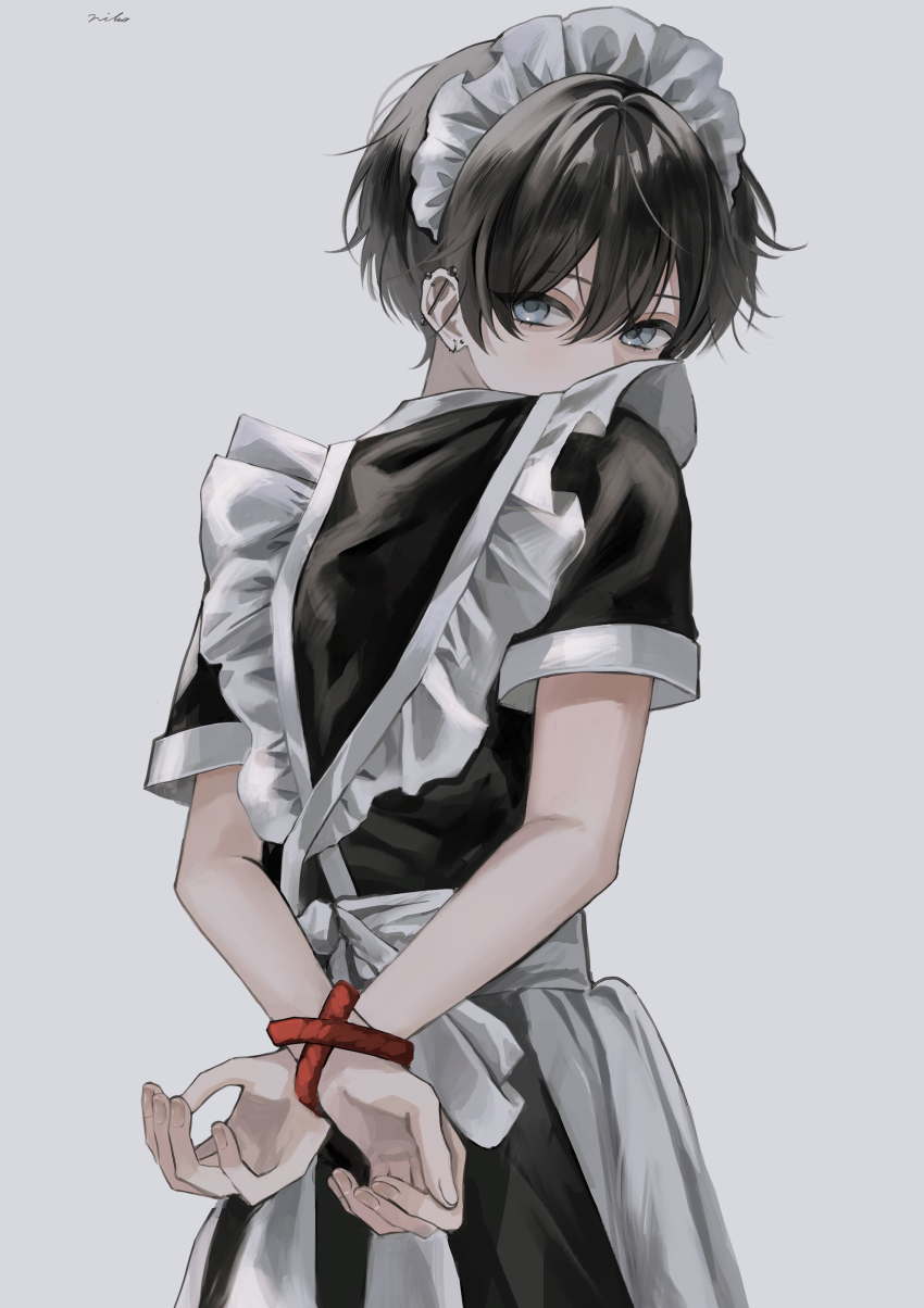 1boy, absurdres, arms_behind_back, black_hair, blue_eyes, bound, crossdressing, crossdressing_(mtf)