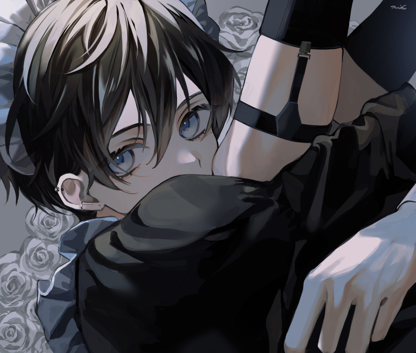 1boy, black_hair, blue_eyes, commentary, crossdressing, crossdressing_(mtf), ear_piercing, earrings