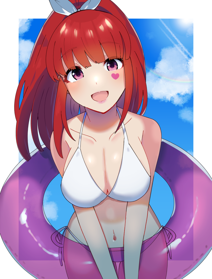 1girl, alternate_costume, bikini, blunt_bangs, earrings, fingernails, gnosia, hair_bun