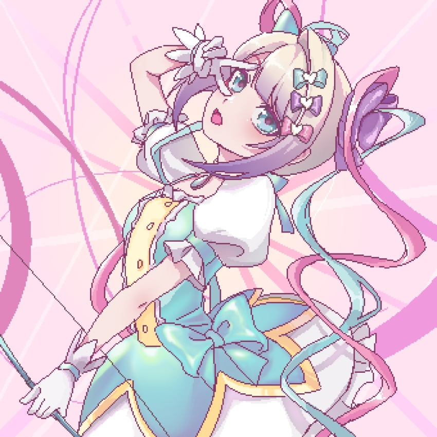 1girl, :d, adapted_costume, blonde_hair, blue_bow, blue_dress, blue_eyes, blue_hair, bow, bow_(weapon), bubble_skirt, chinese_commentary, chouzetsusaikawa_tenshi-chan, commentary_request, cosplay, cowboy_shot, dress, gloves, gradient_hair, hair_bow, highres, holding, holding_bow_(weapon), holding_weapon, kaname_madoka, kaname_madoka_(cosplay), kaname_madoka_(magical_girl), long_hair, long_sleeves, looking_at_viewer, magical_girl, mahou_shoujo_madoka_magica, mahou_shoujo_madoka_magica_(anime), multicolored_hair, natoucola, needy_girl_overdose, open_mouth, pink_background, pink_bow, pink_hair, puffy_short_sleeves, puffy_sleeves, purple_bow, purple_hair, quad_tails, short_sleeves, skirt, smile, solo, v, v_over_eye, very_long_hair, weapon, white_gloves