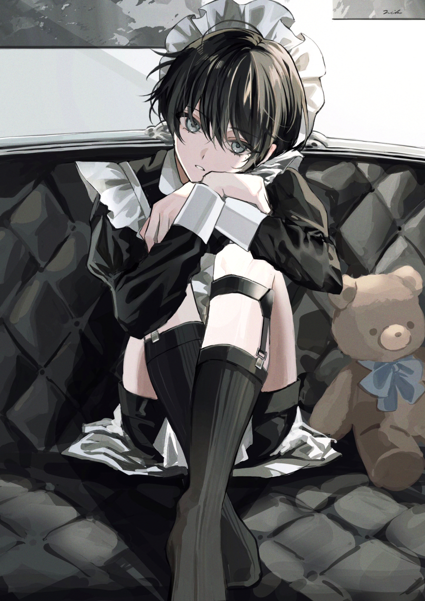 1boy, apron, bishounen, black_hair, black_socks, commentary, crossdressing, crossdressing_(mtf)