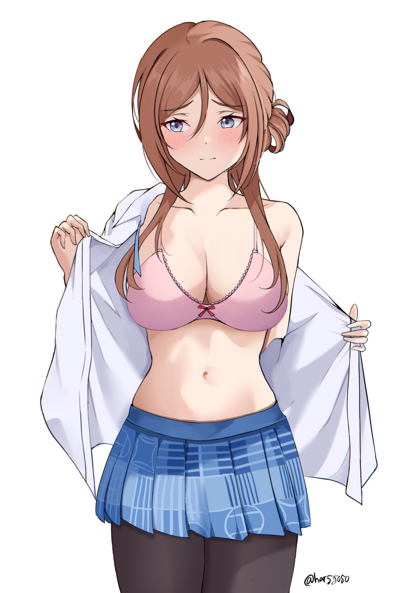 1girl, absurdres, averting_eyes, black_pantyhose, blue_eyes, blue_skirt, blush, bra