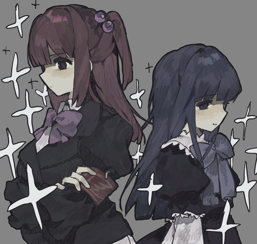2girls, armband, black_dress, black_jacket, blue_hair, bow, breasts, closed_mouth