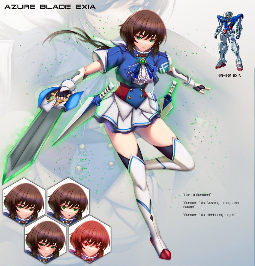 1girl, brown_hair, caiman_pool, english_text, fingerless_gloves, gloves, green_eyes, gundam