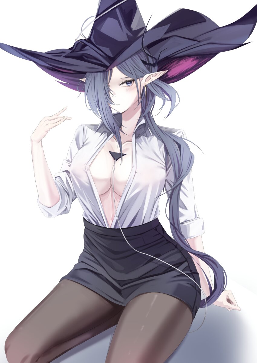 1girl, absurdres, arknights, blue_eyes, breasts, character_request, cleavage, collarbone, collared_shirt, dkzksp, grey_hair, hair_over_one_eye, highres, large_breasts, large_hat, long_sleeves, open_clothes, open_shirt, pantyhose, pencil_skirt, pointy_ears, shirt, simple_background, skirt, solo, white_background, white_shirt