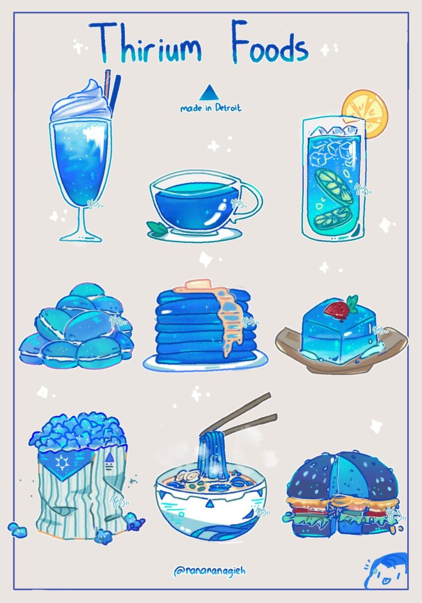 bad_id, bad_twitter_id, bag, blue_theme, bowl, bubble, burger, butter, cat, chopsticks, cinnamon_stick, cup, detroit:_become_human, english_text, food, food_focus, fruit, gelatin, glass, grey_background, highres, ice, ice_cream, ice_cube, leaf, lemon, lemon_slice, macaron, no_humans, noodles, notice_lines, pancake, pancake_stack, paper_bag, plate, popcorn, ramen, saucer, simple_background, soda, sparkle, strawberry, sundae, tea, teacup, tongue, twitter_username, unananagi, whipped_cream