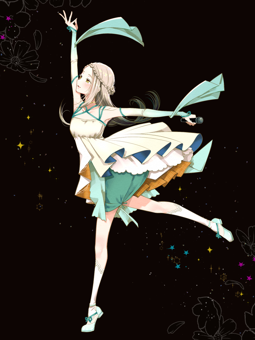 1girl, arime_hotaru, arm_up, black_background, blush, braid, detached_sleeves, dress