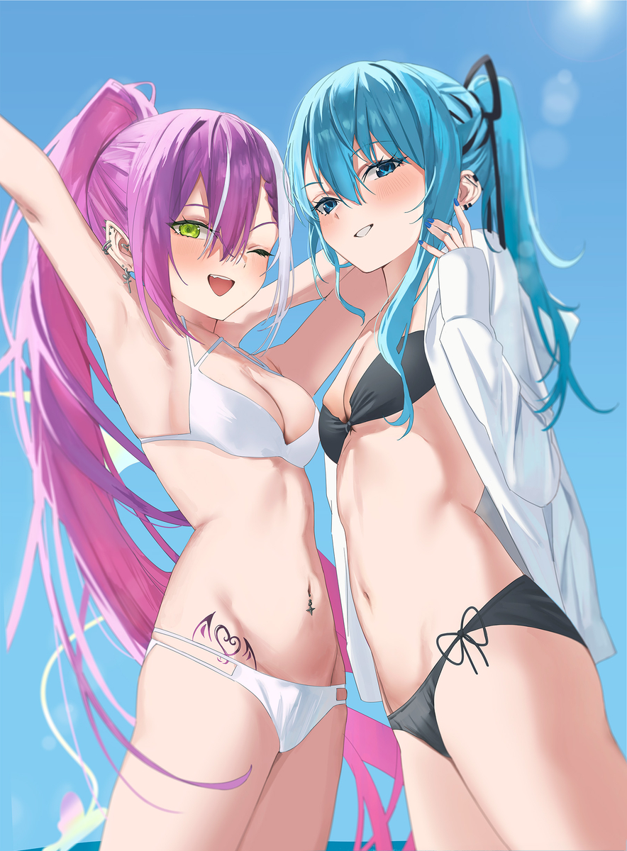 2girls, armpits, arms_up, blue_eyes, blue_hair, blue_sky, blush, breasts