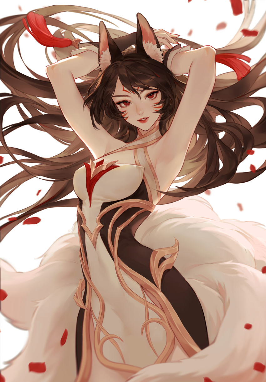 1girl, 891, absurdres, ahri_(league_of_legends), animal_ear_fluff, animal_ears, armpits, arms_up
