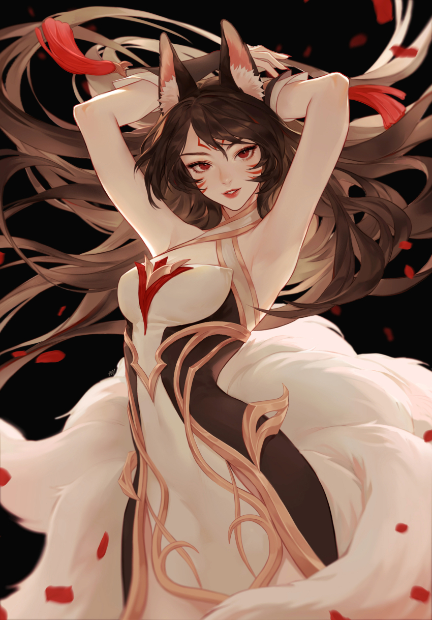 1girl, 891, absurdres, ahri_(league_of_legends), animal_ear_fluff, animal_ears, armpits, arms_up, black_background, commentary, cowboy_shot, english_commentary, facial_mark, falling_petals, fingernails, fox, fox_ears, fox_girl, fox_tail, hair_between_eyes, highres, immortalized_legend_ahri, league_of_legends, long_hair, looking_at_viewer, multiple_tails, nail_polish, official_alternate_costume, parted_lips, petals, red_eyes, red_nails, red_petals, risen_legend_ahri, sidelocks, simple_background, smile, solo, tail, whisker_markings