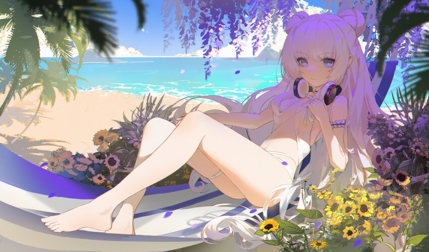 1girl, absurdres, arm_scrunchie, azur_lane, bare_shoulders, barefoot, beach, bikini, blue_eyes, blue_sky, breasts, chinese_commentary, closed_mouth, commentary_request, cross-shaped_pupils, day, double_bun, expressionless, feet, flower, hair_bun, hammock, headphones, headphones_around_neck, highres, le_malin_(azur_lane), le_malin_(mercredi_at_the_secret_base)_(azur_lane), leleyoukuailele, long_hair, looking_at_viewer, lying, ocean, official_alternate_costume, palm_tree, sand, sky, small_breasts, solo, stomach, swimsuit, symbol-shaped_pupils, thigh_strap, thighs, toes, tree, very_long_hair, water, wavy_hair, white_bikini, white_hair