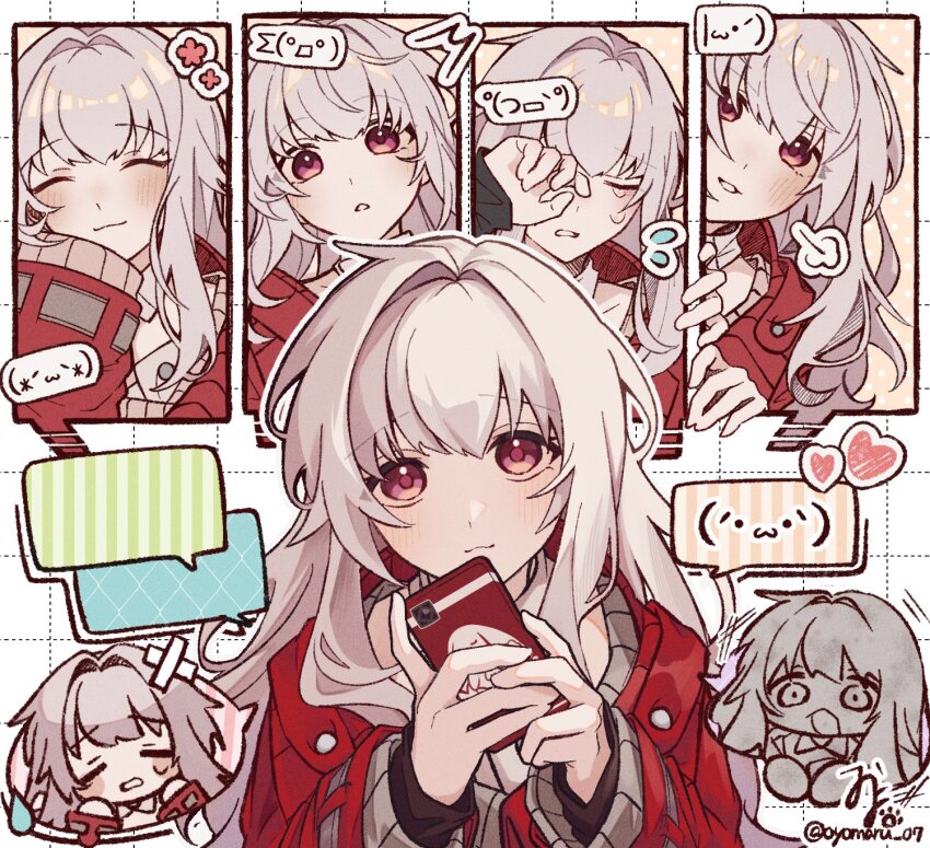 1girl, clara_(honkai:_star_rail), closed_eyes, commentary_request, emoticon, grey_hair, grey_sweater, heart, highres, holding, holding_phone, honkai:_star_rail, honkai_(series), jacket, kaomoji, long_hair, looking_at_viewer, multiple_views, oyomaru_07, peeking, phone, red_eyes, red_jacket, rubbing_eyes, sidelocks, signature, simple_background, smile, speech_bubble, surprised, sweatdrop, sweater, twitter_username, upper_body, visible_air, white_background