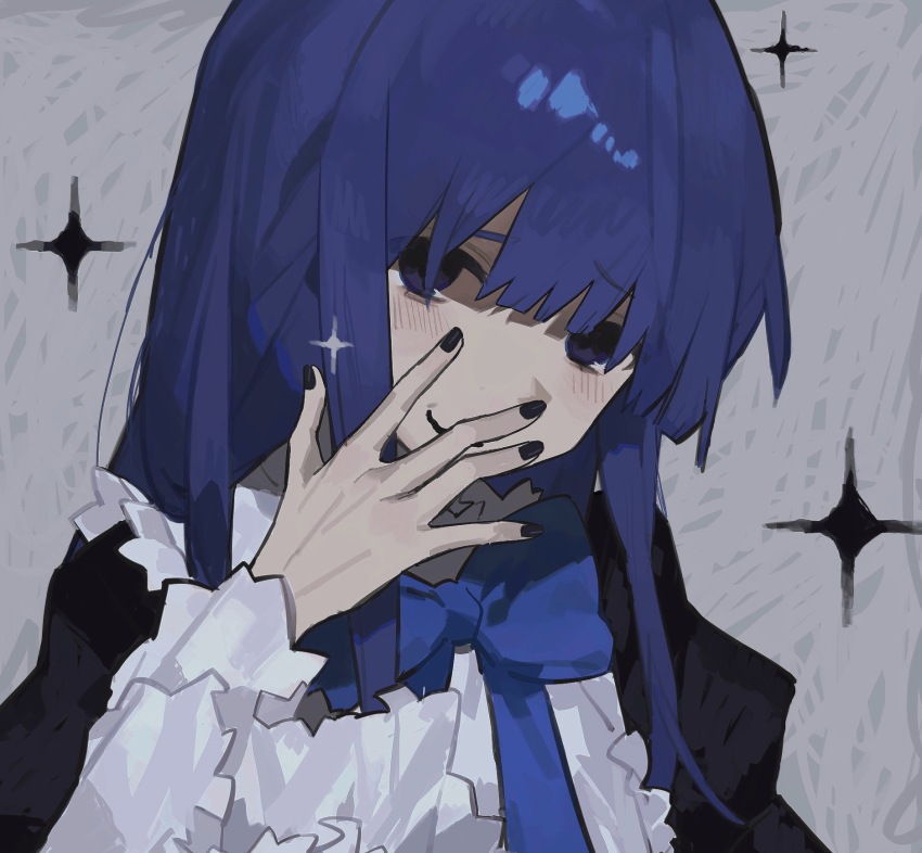 1girl, black_nails, black_shirt, blue_eyes, blue_hair, blue_ribbon, frederica_bernkastel, gelato1014, grey_background, hand_to_own_mouth, highres, long_hair, long_sleeves, neck_ribbon, portrait, ribbon, shirt, smile, solo, sparkle, umineko_no_naku_koro_ni