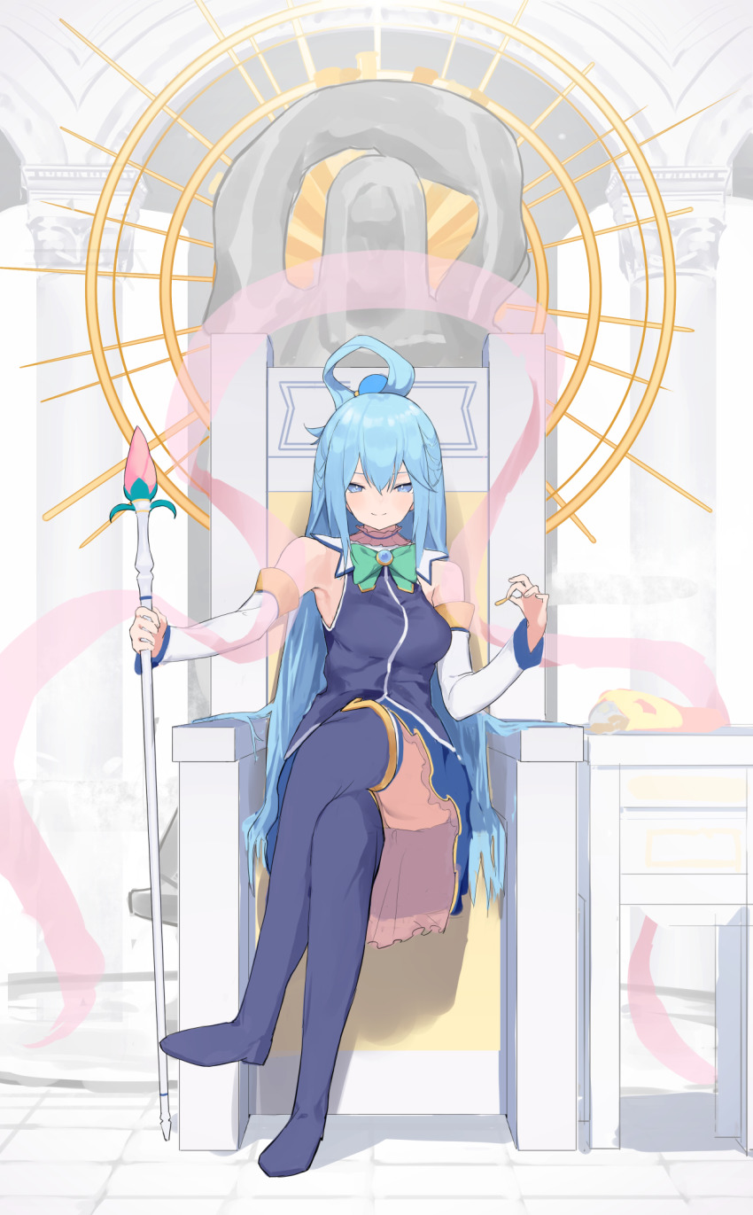 1girl, aqua_(konosuba), bare_shoulders, blue_boots, blue_eyes, blue_hair, blue_shirt, blue_skirt