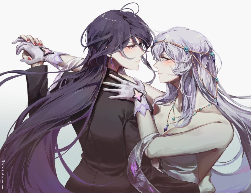 2girls, acheron_(boundless_choreo)_(honkai:_star_rail), acheron_(honkai:_star_rail), bare_shoulders, black_jacket, black_suit, black_swan_(boundless_choreo)_(honkai:_star_rail), black_swan_(honkai:_star_rail)