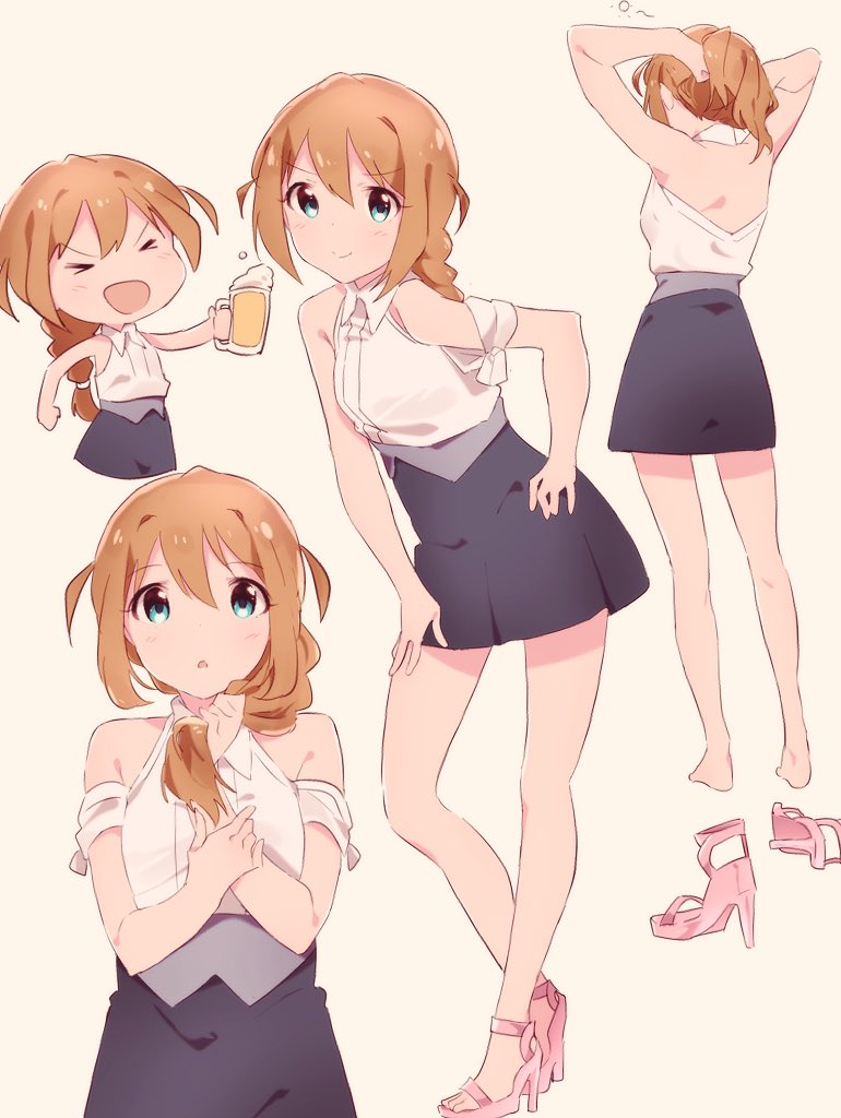 >_<, 4girls, aqua_eyes, arms_up, baba_konomi, back, backless_shirt, bare_legs