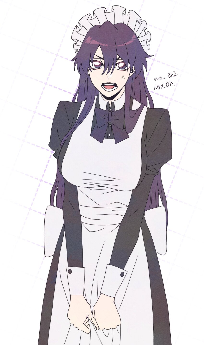 1girl, absurdres, alternate_costume, anger_vein, angry, apron, bambietta_basterbine, black_bow