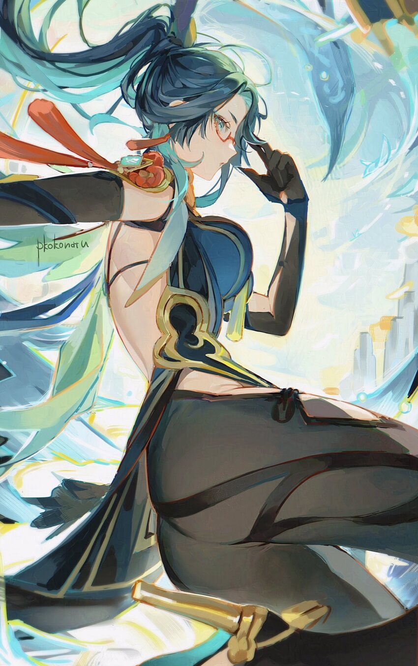 1girl, aqua_hair, artist_name, ass, backless_dress, backless_outfit, black_gloves, blue_eyes