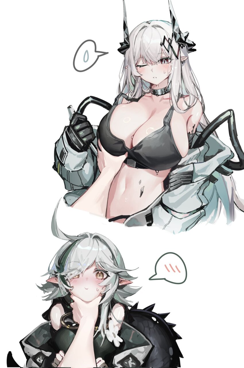 2girls, ahoge, arknights, arm_focus, bare_shoulders, black_choker, black_tank_top, breasts, choker, cleavage, corrupted_twitter_file, crocodilian_tail, crop_top, demon_horns, grabbing_another's_breast, grey_hair, groping, highres, horns, infection_monitor_(arknights), jumpsuit, large_breasts, large_tail, long_hair, looking_at_viewer, material_growth, meme, midriff, mudrock_(arknights), multiple_girls, navel, ness_(pjw0168), off_shoulder, open_clothes, open_jumpsuit, oripathy_lesion_(arknights), pinching, pointy_ears, pov, pov_cheek_grabbing_(meme), pov_hands, simple_background, speech_bubble, spoken_blush, spoken_sweatdrop, squeezing_cheeks, sweatdrop, tail, tank_top, tomimi_(arknights), white_background, white_hair, white_jumpsuit, yellow_eyes