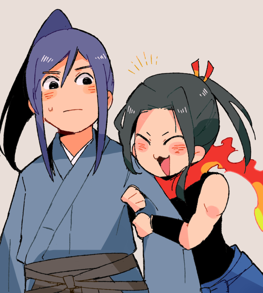 1boy, 1girl, :3, :d, arm_hug, black_hair, blue_hair, blush