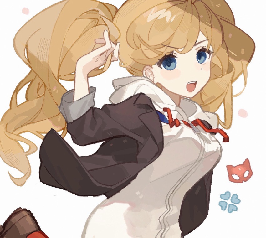 1girl, black_jacket, blonde_hair, blue_eyes, breasts, gelato1014, highres, hood