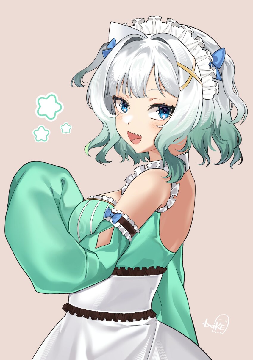 1girl, absurdres, artist_name, backless_dress, backless_outfit, blue_eyes, detached_collar, detached_sleeves, dress, ghost_girl, gradient_hair, green_dress, green_hair, green_sleeves, hair_intakes, hair_ornament, highres, indie_virtual_youtuber, looking_at_viewer, maid, maid_headdress, mint_fantome, mint_fantome_(minto_2.0), multicolored_hair, open_mouth, sleeves_past_fingers, sleeves_past_wrists, smile, solo, star_(symbol), teeth, triangular_headpiece, two_side_up, virtual_youtuber, wakiobake, white_hair, x_hair_ornament