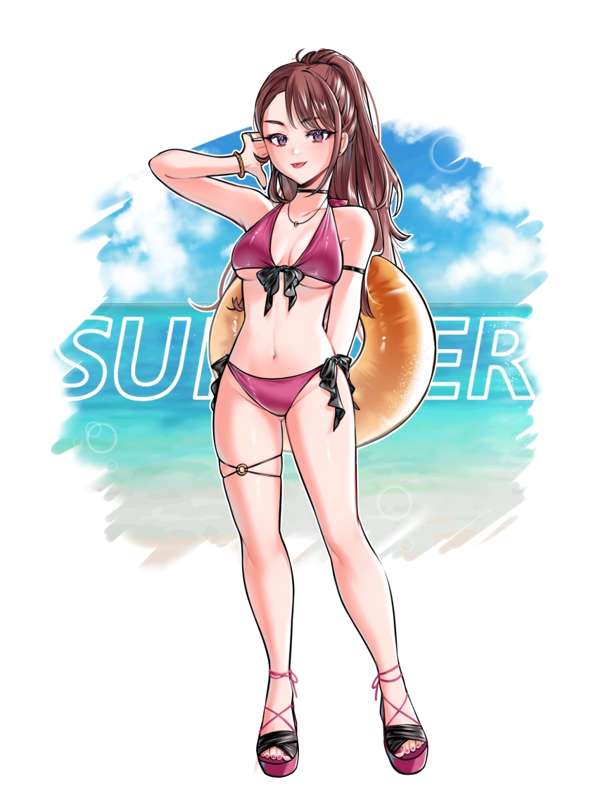 1girl, :p, alternate_hairstyle, anklet, arm_up, bare_legs, beach, bikini, black_choker, blue_background, bracelet, breasts, brown_hair, choker, cleavage, cloud, cloudy_sky, commentary_request, english_text, front-tie_bikini_top, front-tie_top, full_body, gyaru, hair_up, hand_in_own_hair, hand_up, hello_silly0081, high_heels, highres, hijiri_ageha, hirogaru_sky!_precure, holding, holding_behind_back, holding_swim_ring, innertube, jewelry, long_hair, looking_at_viewer, makeup, medium_breasts, navel, necklace, ocean, open_mouth, parted_bangs, pink_bikini, pink_sandals, ponytail, precure, purple_eyes, ribbon, sandals, side-tie_bikini_bottom, sky, smile, solo, standing, summer, swim_ring, swimsuit, text_background, thigh_strap, tongue, tongue_out, underboob